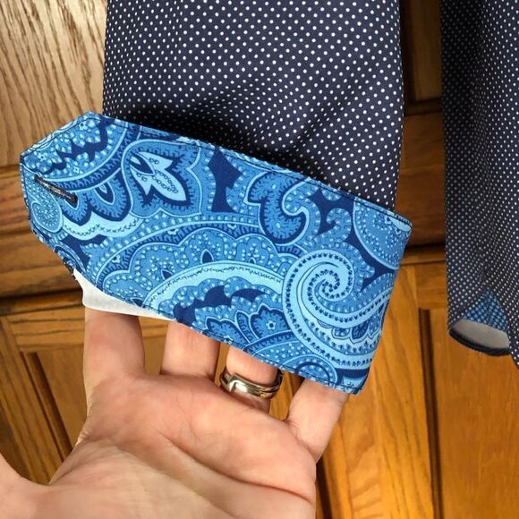 Tallia Navy Blue & White Polka Dot Button Front Paisley Flip Cuff Shirt - S - Picture 9 of 13